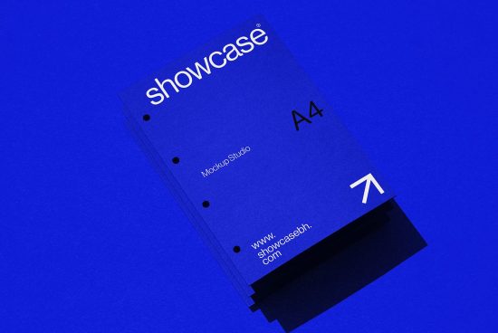 A4 paper mockup stack with a sleek showcase branding in blue tones for design presentation, ideal for digital assets marketplace.